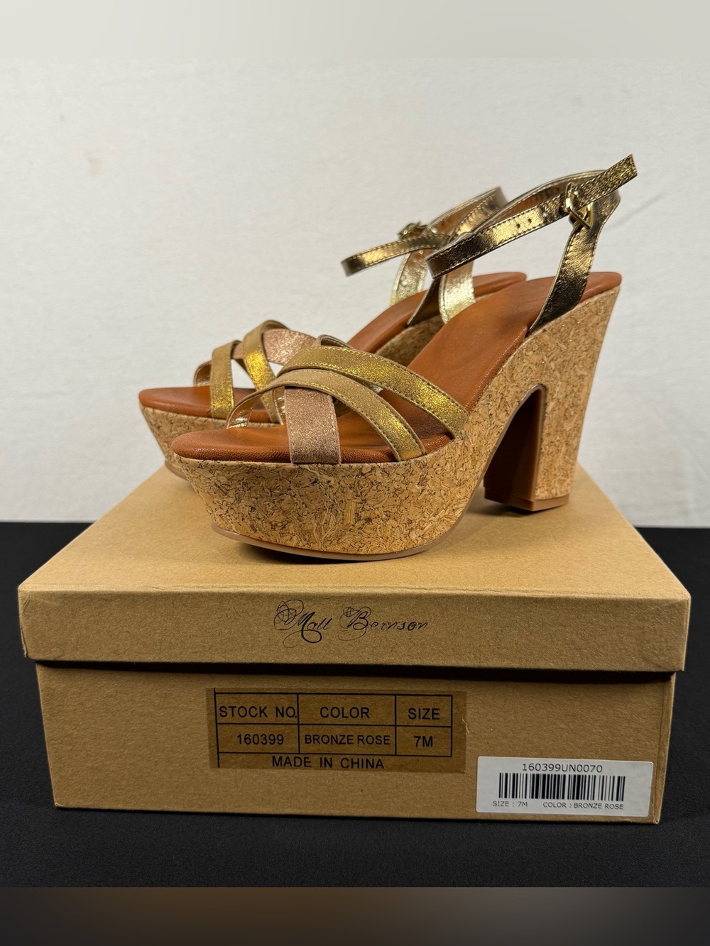 Matt Bernson Chunky Heel Bronze Rose Leather Cork Platform Sandals NIB Size 7